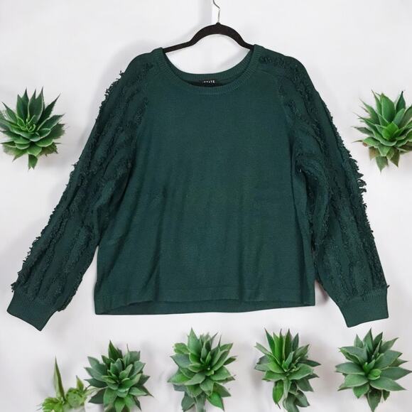 1.State Women’s Sweater Large Green Fringe Sleeve Textured Knit Pullover NWOT - Picture 2 of 12